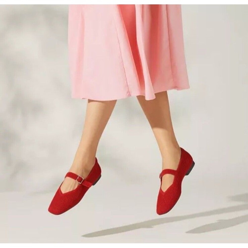 Vivaia Margot Square Toe Mary Jane Knit Flats Red Quiet Luxury Size 40 /9 $139